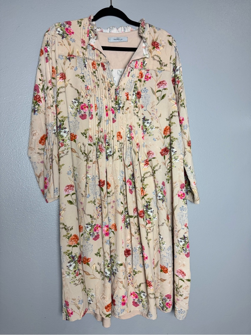 MARELLA Cream Floral Pintuck Blouse with Pink & Green Accents